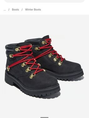 Timberland Black Leather Lace-Up Boots with Red Laces and Gold Hardware